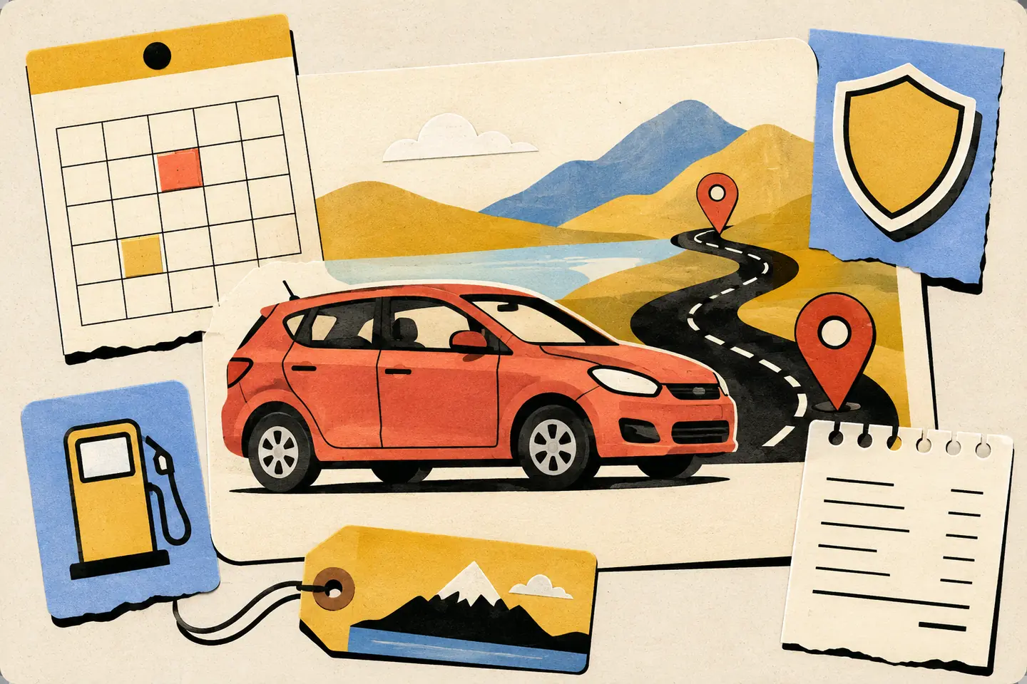 Paper collage of a coral rental car beside a winding route, calendar, insurance shield, fuel pump and itemized quote slip.