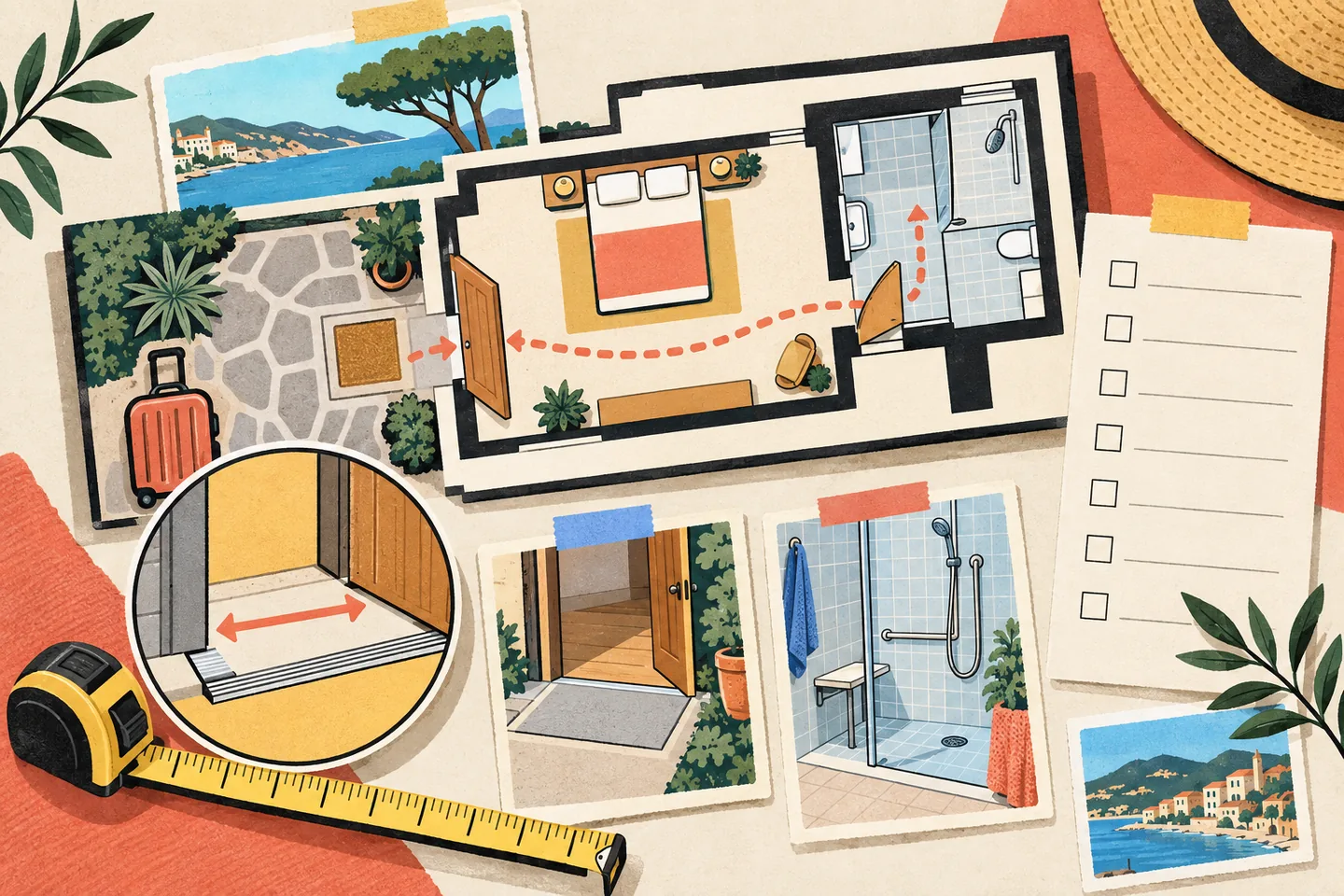Travel-noticeboard illustration of a rental floor plan with a coral route from the entrance to the bedroom and bathroom, doorway measurement detail, tape measure, shower tile and blank checklist.