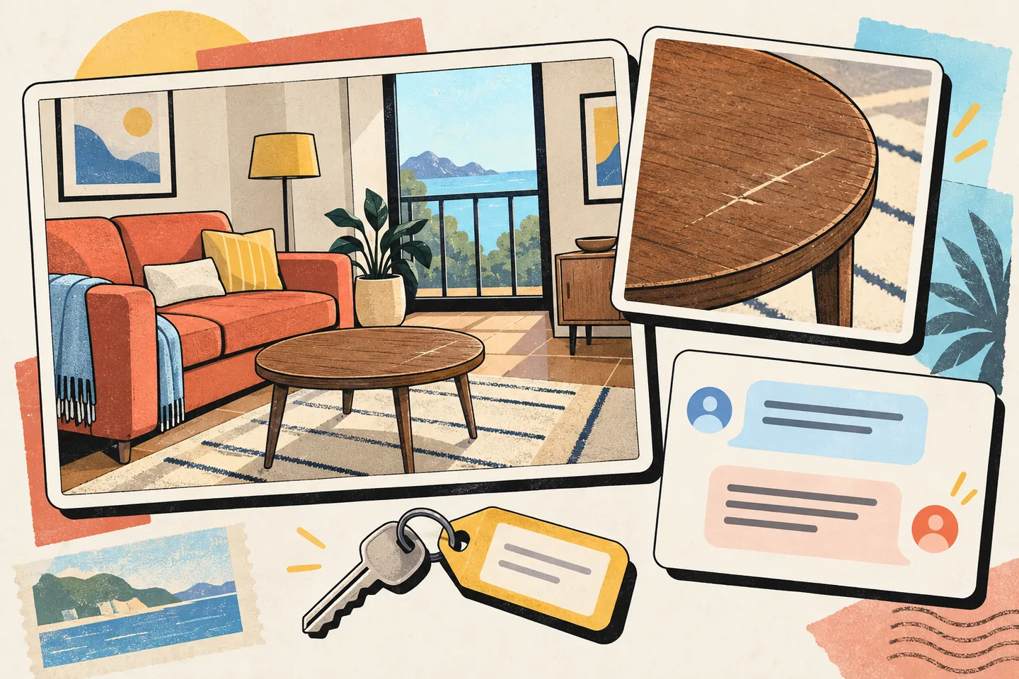 Travel-noticeboard illustration pairing a rental living room with a close-up of a scratched coffee table, guest–host message bubbles, and a key with a yellow tag.