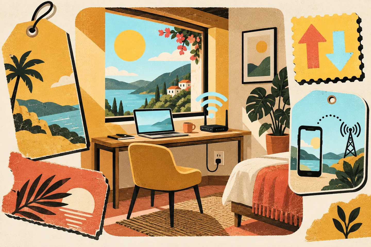 Travel-poster illustration of a vacation-rental desk with laptop, Wi-Fi router and power outlet, beside upload and download arrows and a phone fallback symbol.